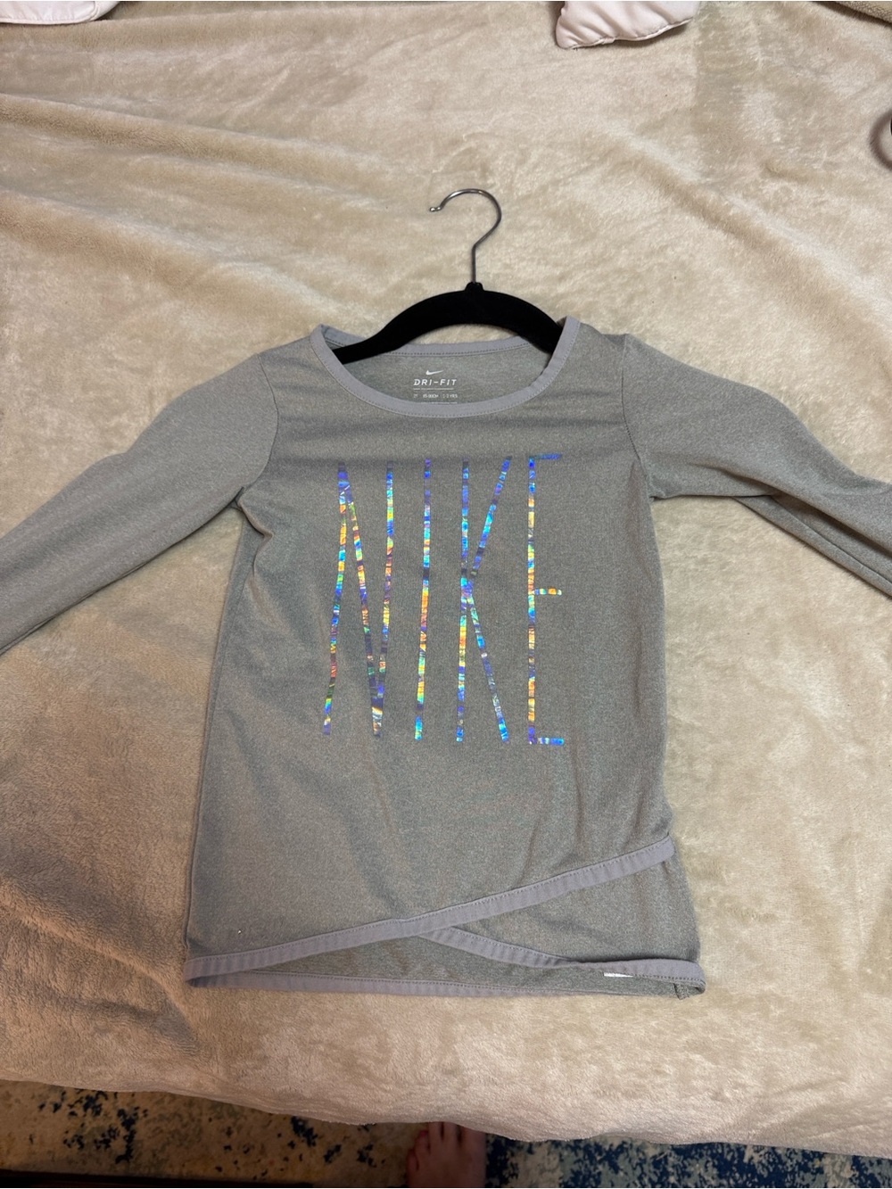 Nike Girls' Gray Long-Sleeve Top with Holographic 'NIKE' Logo
